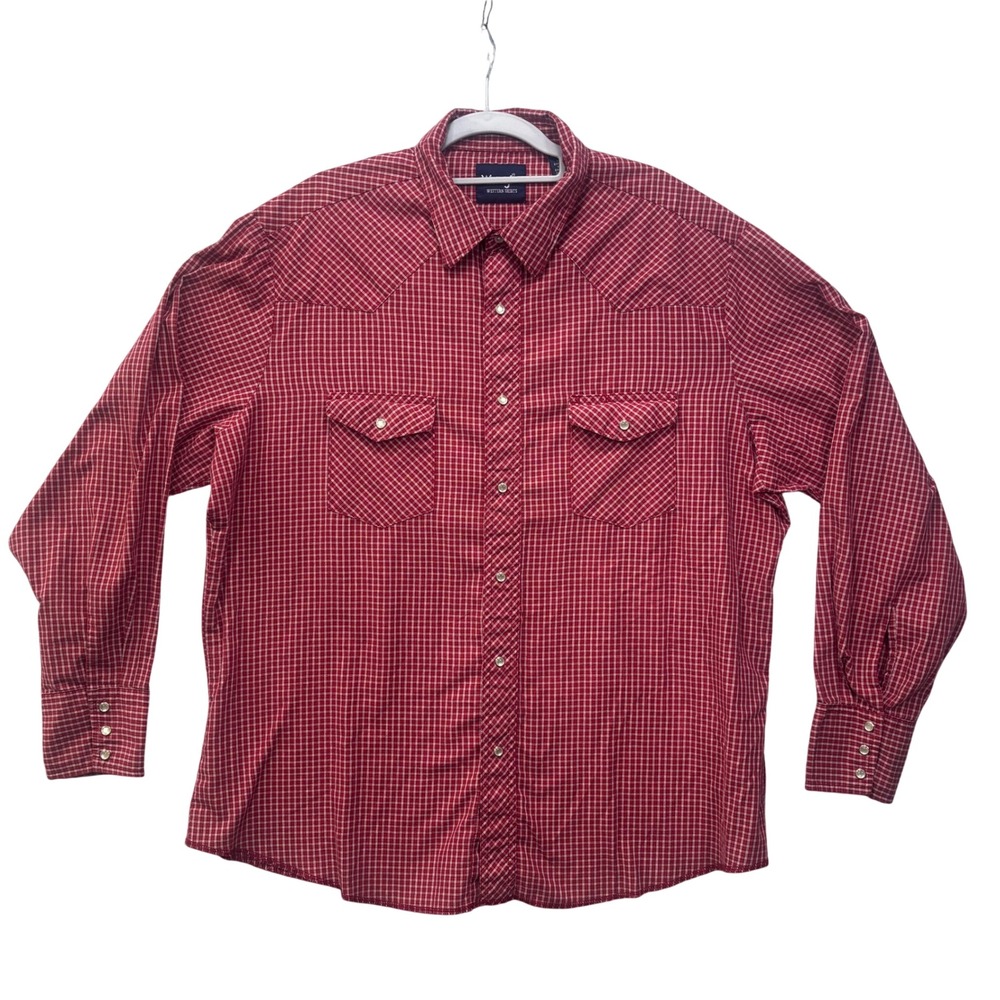 Wrangler Western Shirt Men XL Red Plaid Pearl Snap Long Sleeve Yoke Cotton Blend